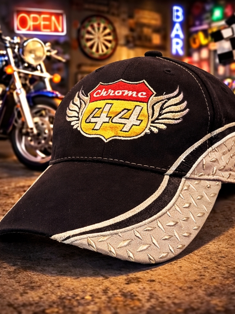 Chrome 44 Winged Logo Hat Black Adjustable Metallic Brim Racing Biker Cap
